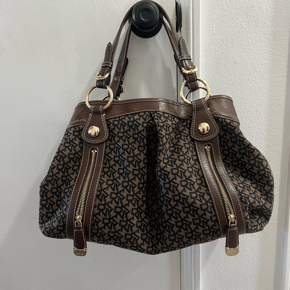 DKNY Brown and Black Monogram Shoulder Bag
